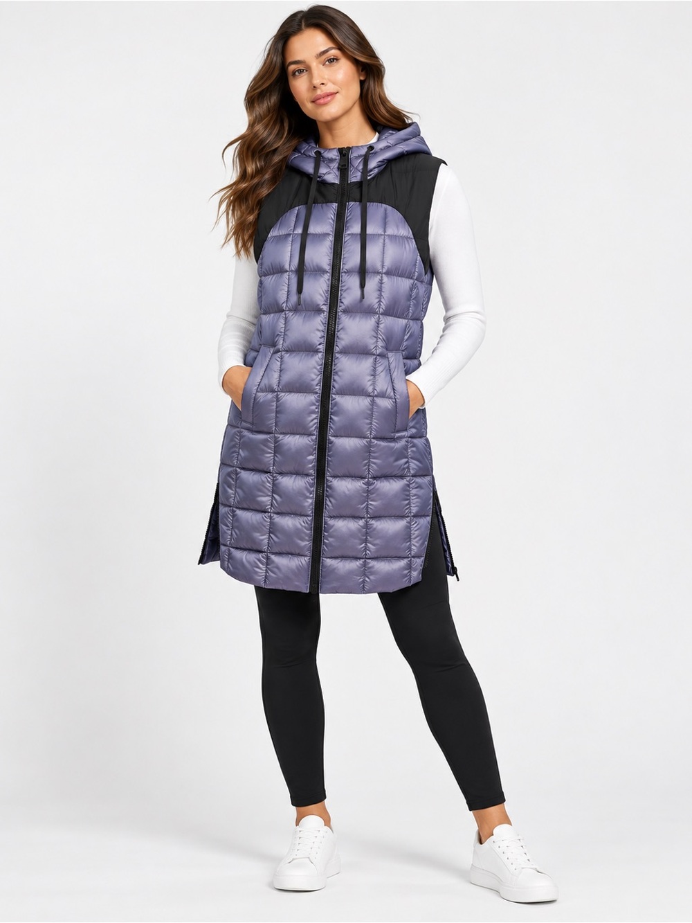 Bernardo Square Hooded Puffer Vest EcoPlume Blue Black XL Long